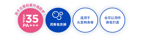 SPF35+ PA+++,用香皂洗掉 适用于头发和身体 也可以用作彩妆打底